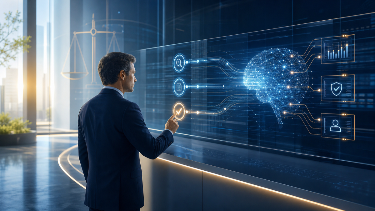 Un décideur valide une étape de contrôle devant une interface transparente représentant une intelligence artificielle.