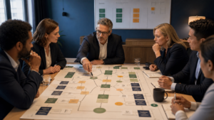 Illustration éditoriale pour Transformation digitale et rentabilité : les cinq décisions que le COMEX doit rendre visibles