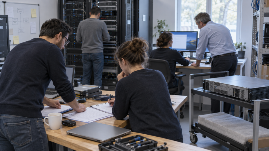 Équipe préparant un exercice de restauration dans une salle informatique, illustration.