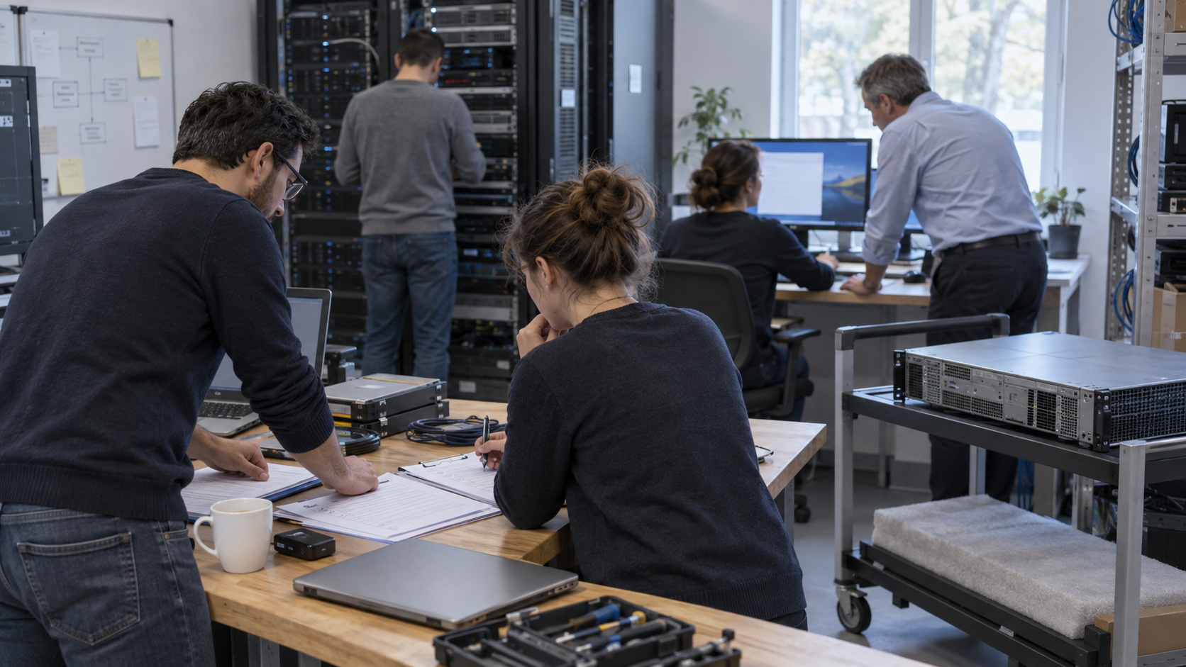 Équipe préparant un exercice de restauration dans une salle informatique, illustration.