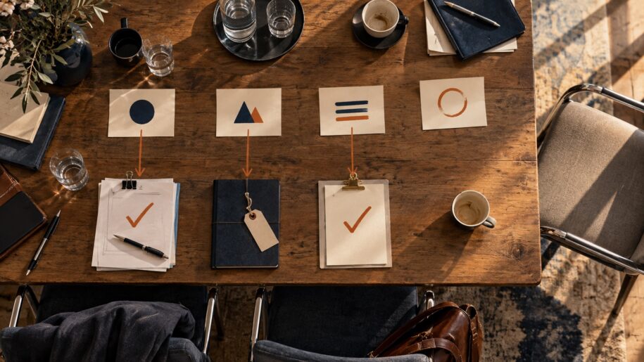 Illustration de trois décisions reliées à leurs preuves sur une table de réunion.
