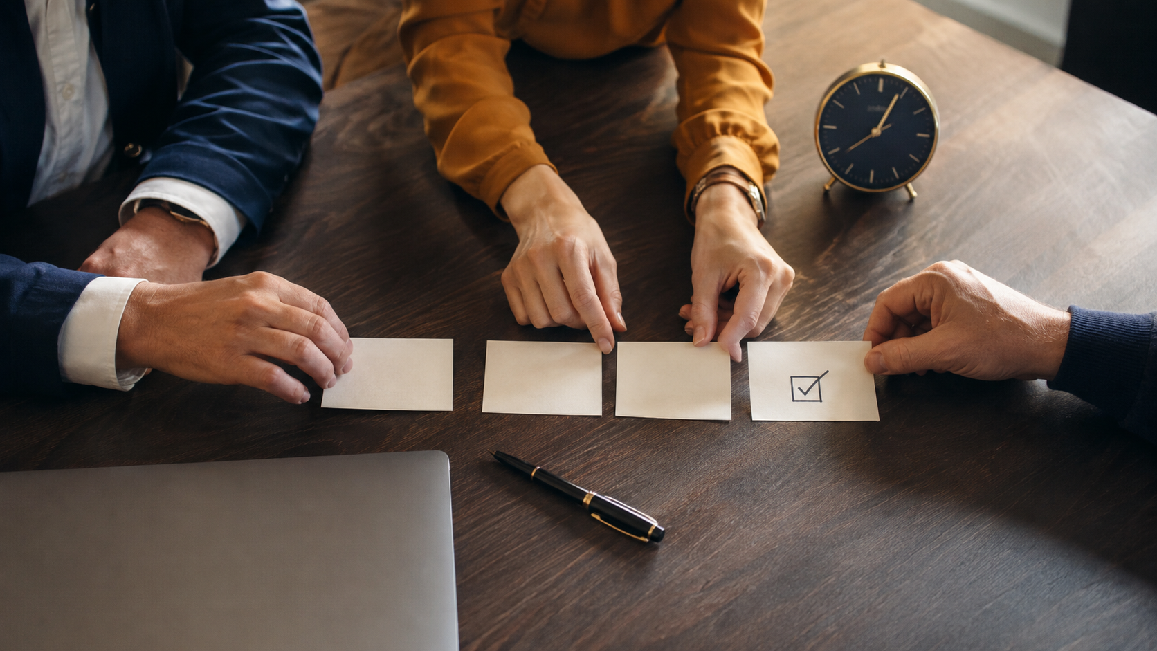 Illustration générée : des participants organisent des fiches de décision sur une table de réunion.