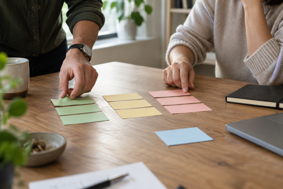 Illustration générée : deux personnes trient des cartes de priorités sur une table ; scène fictive, sans représentation d’un client.