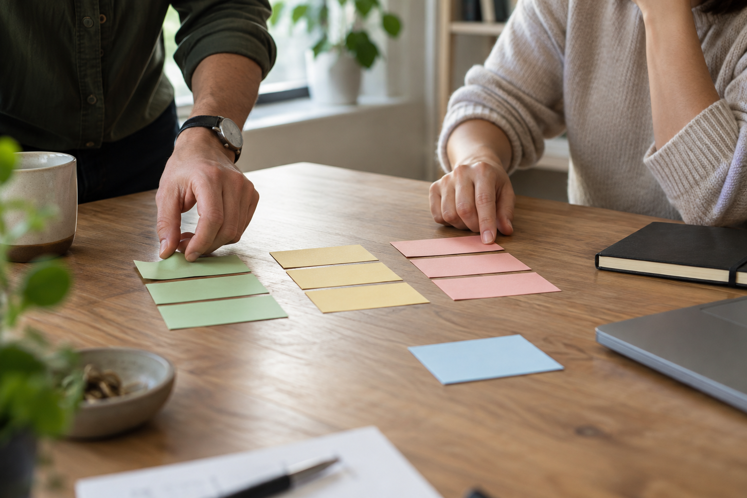 Illustration générée : deux personnes trient des cartes de priorités sur une table ; scène fictive, sans représentation d’un client.
