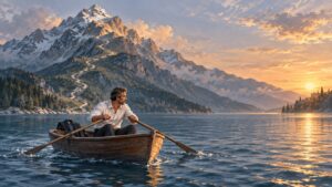Un manager de transition rame seul sur un lac, au pied d’une montagne franchie, symbole de la recherche d’une nouvelle mission.